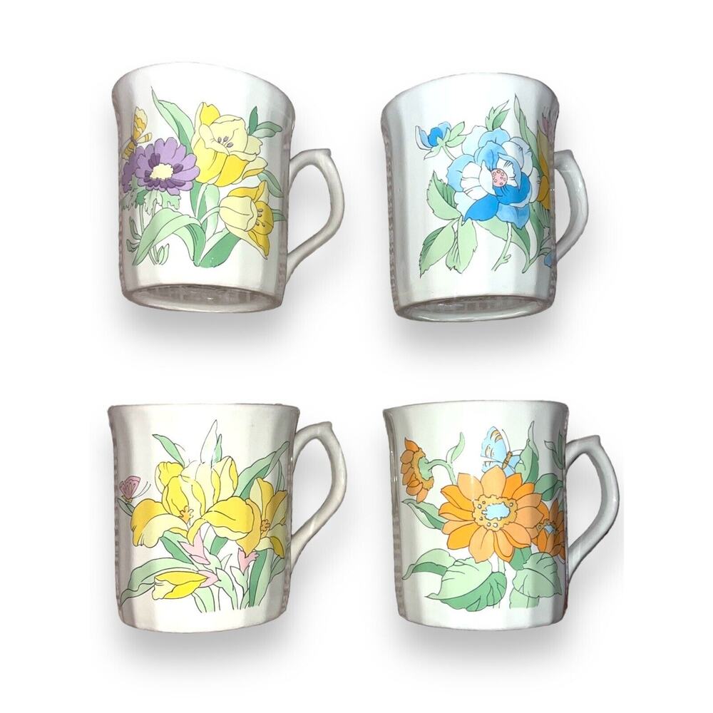 Vintage Floral Mugs Made in Japan Colorful Flowers Butterflies. Ceramic Boho